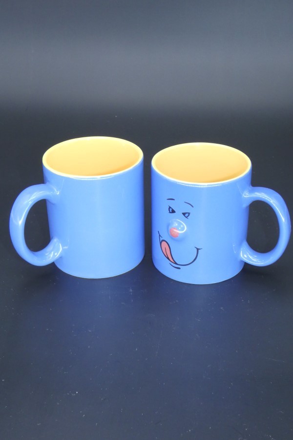 2 mugs sourires bleus face avant/arrière